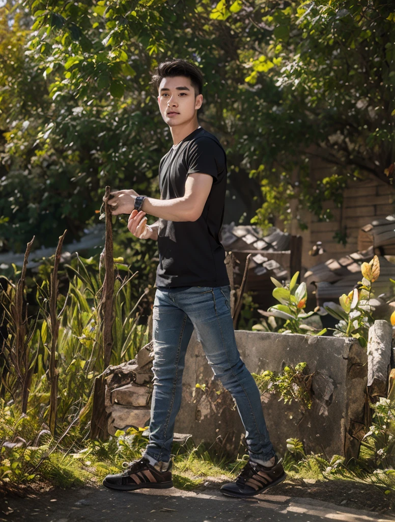 Change background city town  and yallow color shirt black jeens and hair style handsome boy cute boy realistic face hd photo ultra high quality 4k photo