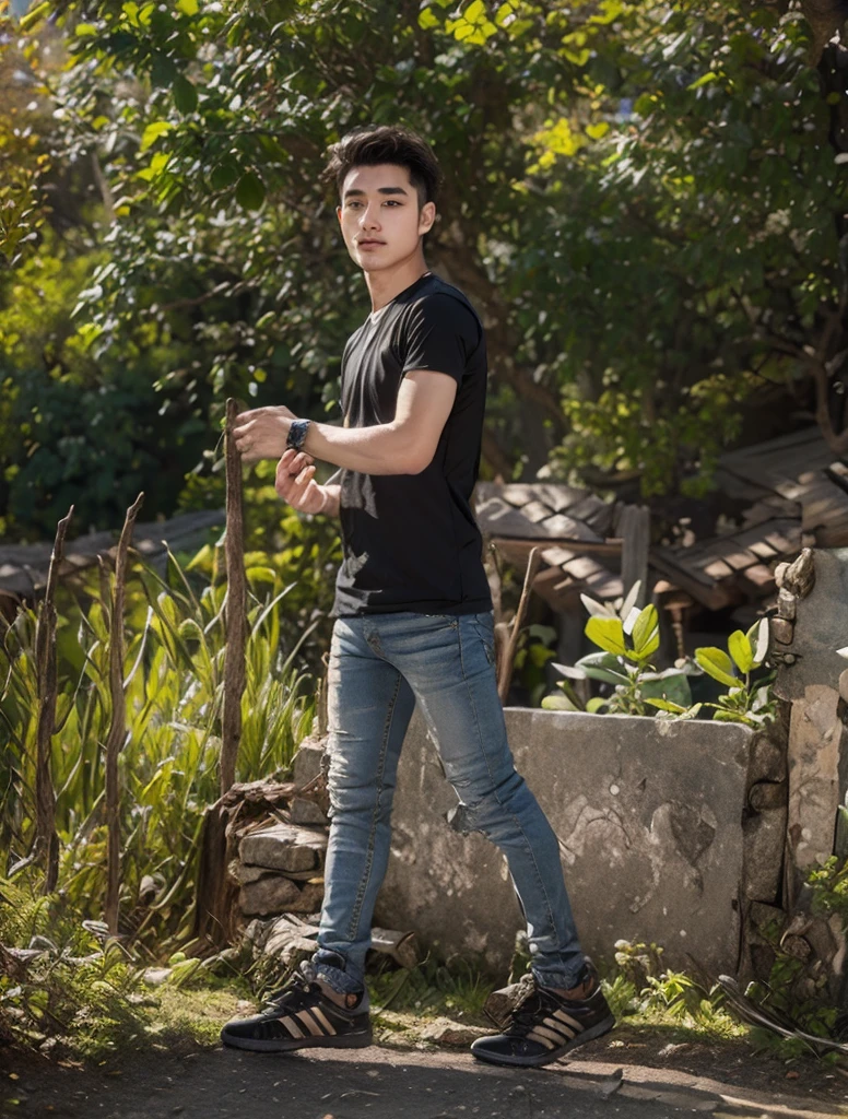Change background city town and yallow color shirt black jeens and hair style handsome boy cute boy realistic face hd photo ultra high quality 4k photo