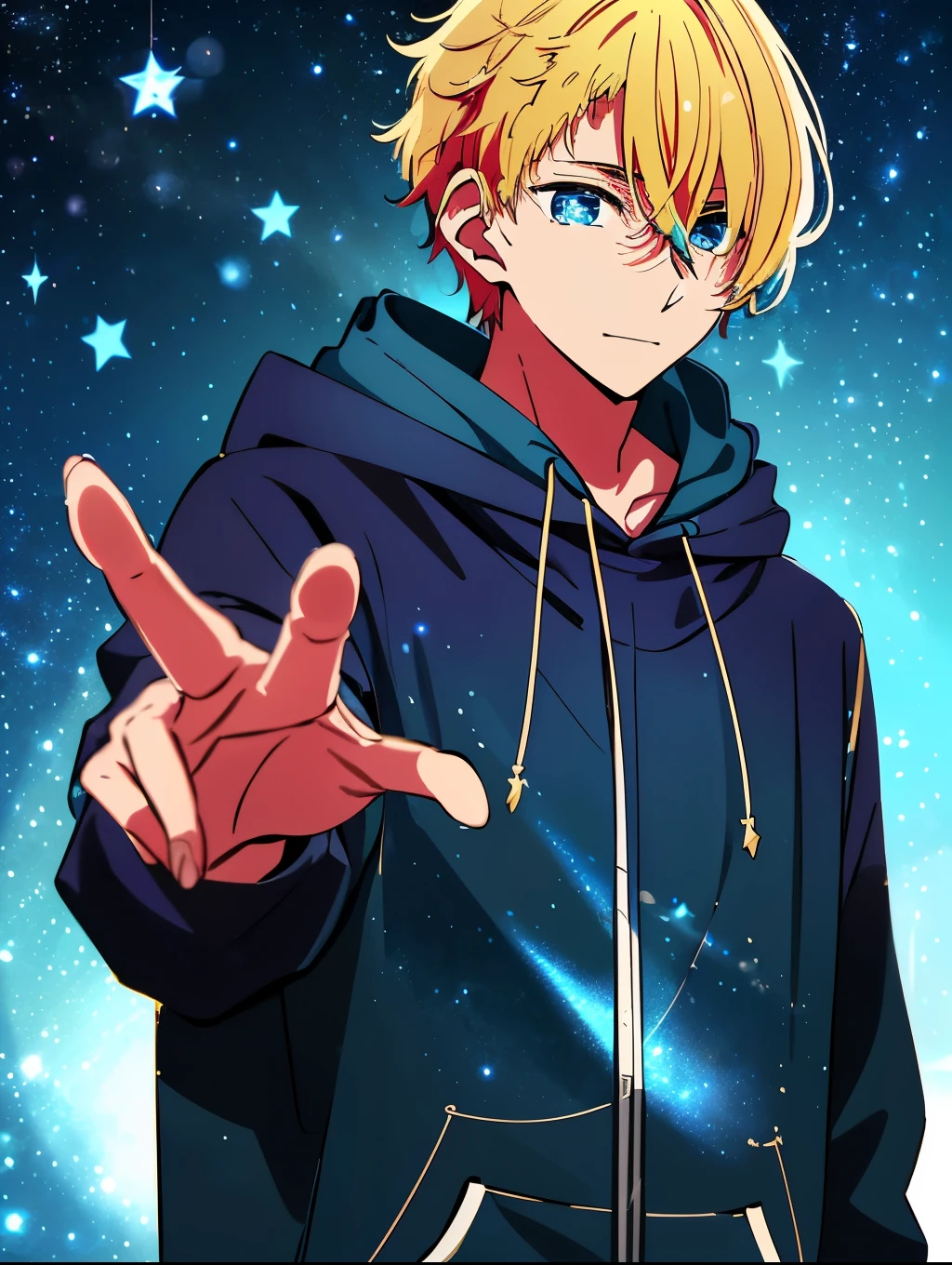 Highest quality、high resolution、My Favorite 、Aqua Hoshino、************、172 cm、Blonde、Blue Eyes、Star-shaped highlight in right eye、Handsome、cool、Calm、Intelligent、A mature and gentle personality、Acting skills second to none、Creepy Smile、Black hoodie、Shining starry sky、Sparkling