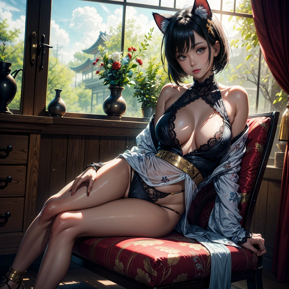 1girl, (solo), catgirl, short hair, black hair, cat ears, gold eyes, bored, happy, big breasts, cat tail, small size, fair skin, little sexy white kimono, deep neckline, sitting on chair, window behind, japanese room, (days), (very sexy body, detailed face, masterpiece, highly detailed, 8k, best quality, vibrant colors, digital art, concept art)