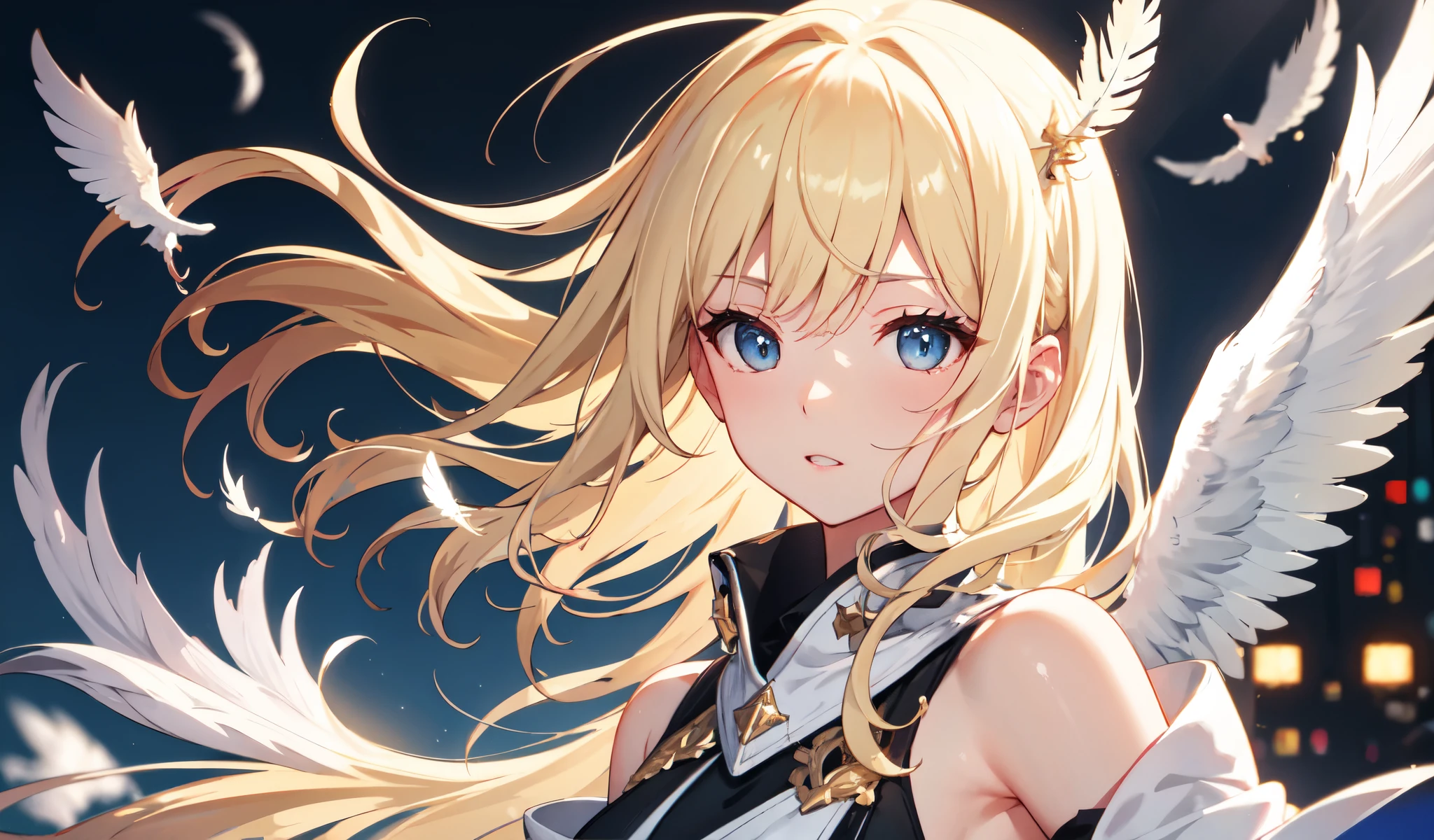 Afterimage, Bokeh, Blurred foreground, Wide Shot, 超High resolution, retina, masterpiece, Attention to detail, Highest quality, High resolution, 4K,god々In a cool atmosphere、A blonde angel descends from the sky、White feathers flutter