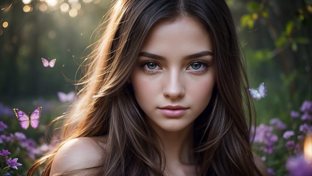 Create a stunning and ethereal portrait of a young woman surrounded by magical elements:
Subject:
- Beautiful young woman with delicate features
- Soft, flowing hair that seems to blend with the magical atmosphere
- Serene and slightly mysterious expression
- Eyes that reflect wonder and enchantment
Magical Elements:
- Shimmering, iridescent sparkles floating around her
- Swirling trails of magical stardust
- Glowing particles of varying sizes creating a dreamy atmosphere
- Subtle, translucent magical aura surrounding the woman
Lighting and Colors:
- Soft, ethereal lighting that seems to emanate from within the scene
- A harmonious blend of cool and warm tones
- Main color palette: purples, blues, and pinks with touches of gold
- Gentle highlights accentuating the woman's features and the magical elements
Composition and Style:
- Close-up portrait, focusing on the woman's face and upper body
- Magical elements should frame the subject without overpowering her
- Slightly blurred background to create depth and focus on the foreground
- Painterly style with soft edges and smooth transitions between elements
Mood and Atmosphere:
- Dreamy and enchanting
- Sense of wonder and magic
- Peaceful yet captivating
Technical Aspects:
- High contrast between the glowing elements and darker areas
- Rich, saturated colors for a vibrant and eye-catching image
- Sharp focus on key features like eyes and sparkles
Additional Details:
- Faint, translucent butterflies or fireflies adding to the magical ambiance
- Subtle hints of constellations or star patterns in the background
- Delicate, barely visible floral elements integrated with the magical dust
This prompt should result in a captivating, high-quality image that blends realism with fantasy, creating a magical portrait that draws the viewer into a world of wonder and enchantment.