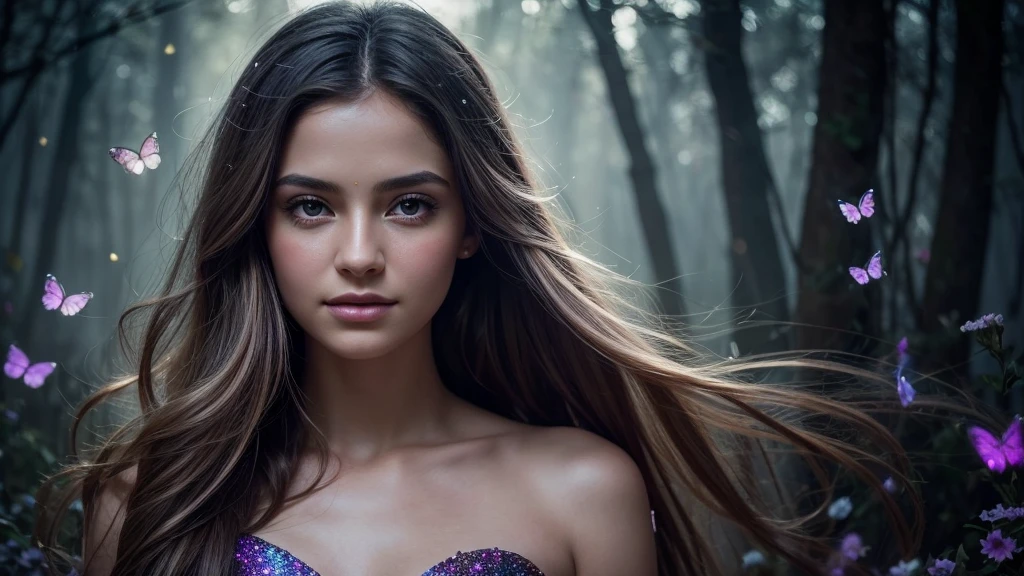 Create a stunning and ethereal portrait of a young woman surrounded by magical elements:
Subject:
- Beautiful young woman with delicate features
- Soft, flowing hair that seems to blend with the magical atmosphere
- Serene and slightly mysterious expression
- Eyes that reflect wonder and enchantment
Magical Elements:
- Shimmering, iridescent sparkles floating around her
- Swirling trails of magical stardust
- Glowing particles of varying sizes creating a dreamy atmosphere
- Subtle, translucent magical aura surrounding the woman
Lighting and Colors:
- Soft, ethereal lighting that seems to emanate from within the scene
- A harmonious blend of cool and warm tones
- Main color palette: purples, blues, and pinks with touches of gold
- Gentle highlights accentuating the woman's features and the magical elements
Composition and Style:
- Close-up portrait, focusing on the woman's face and upper body
- Magical elements should frame the subject without overpowering her
- Slightly blurred background to create depth and focus on the foreground
- Painterly style with soft edges and smooth transitions between elements
Mood and Atmosphere:
- Dreamy and enchanting
- Sense of wonder and magic
- Peaceful yet captivating
Technical Aspects:
- High contrast between the glowing elements and darker areas
- Rich, saturated colors for a vibrant and eye-catching image
- Sharp focus on key features like eyes and sparkles
Additional Details:
- Faint, translucent butterflies or fireflies adding to the magical ambiance
- Subtle hints of constellations or star patterns in the background
- Delicate, barely visible floral elements integrated with the magical dust
This prompt should result in a captivating, high-quality image that blends realism with fantasy, creating a magical portrait that draws the viewer into a world of wonder and enchantment.