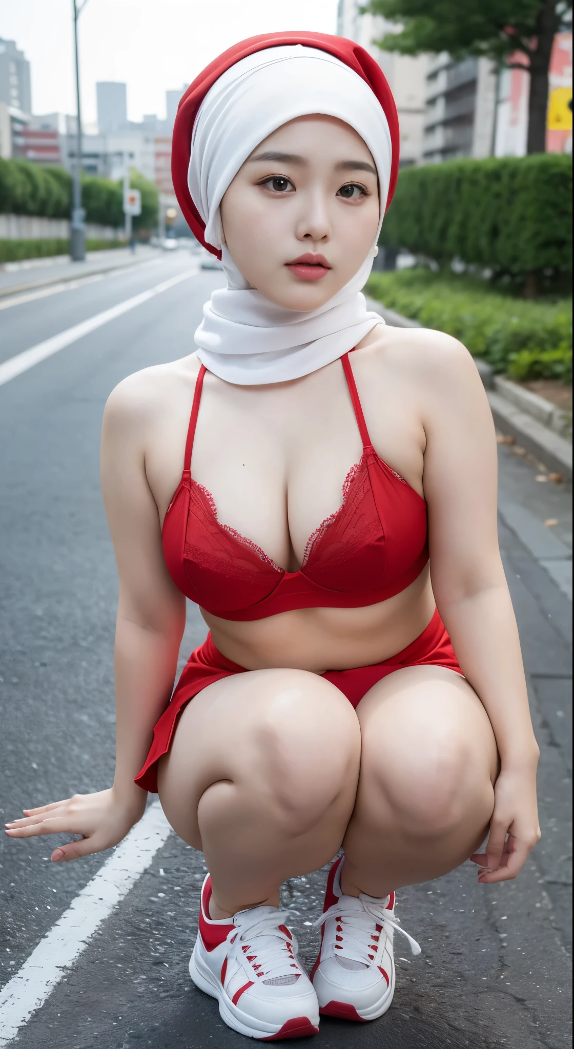 Korean beautiful girl wearing Hijab, ((best quality)), ((masterpiece)), (detailed), perfect face, youngchubby, wearing Red Bra and miniskirt, chubby cheeks, chubby arm, chubby thighs, small breasts, wearing a sneakers, medium hair style, full body photoshoot, tattooed body