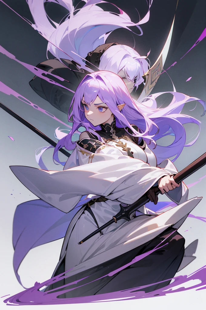 (Beautiful woman,Royal Knights),Light purple hair、Long Hair、Portrait of a noble knight,Speed Line,Combat Stance,Wield a huge weapon,Expressionless,Faint-hearted face、the below described,magma,Big Scythe、Stocky body、Shoulders out、White background、Fullbody、White clothes、Human ear、alone、Facing forward