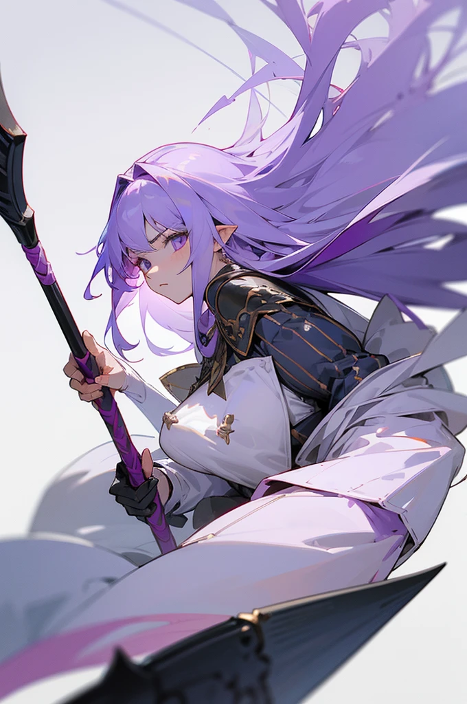 (Beautiful woman,Royal Knights),Light purple hair、Long Hair、Portrait of a noble knight,Speed Line,Combat Stance,Wield a huge weapon,Expressionless,Faint-hearted face、the below described,magma,Big Scythe、Stocky body、Shoulders out、White background、Fullbody、White clothes、Human ear、alone、Facing forward