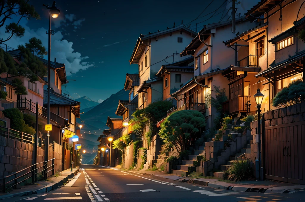Straight road through hilly area, There is a street lamp on the side. At night ,Chillout