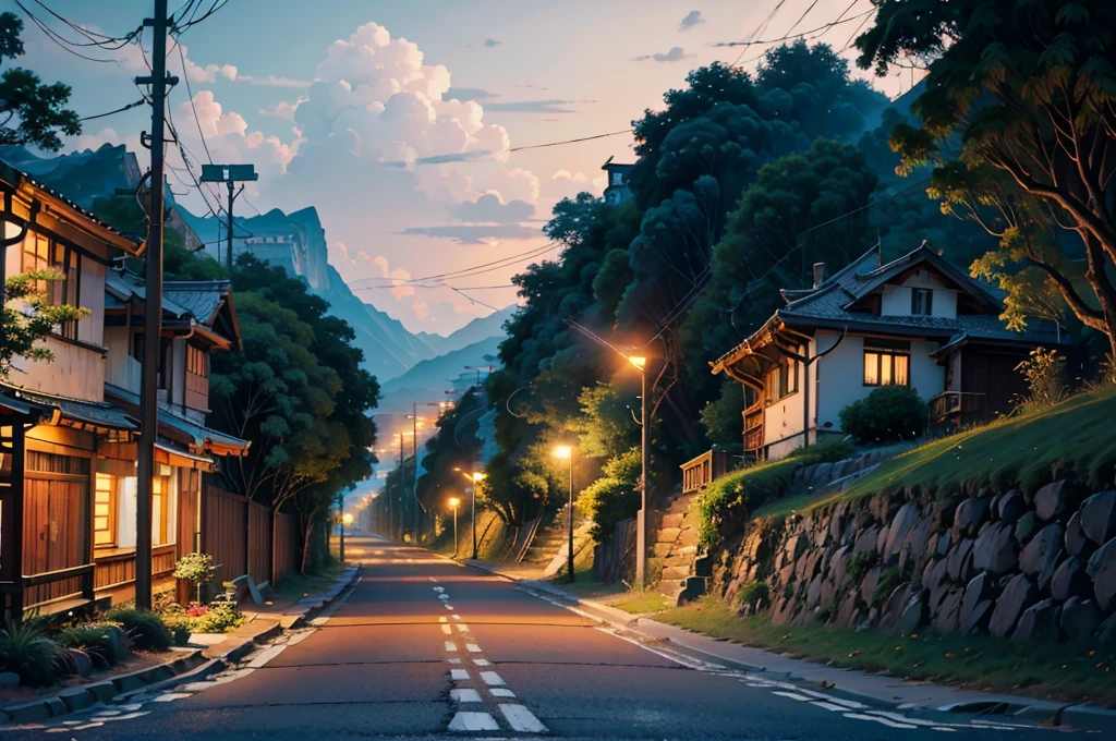Straight road through hilly area, There is a street lamp on the side. At night ,Chillout