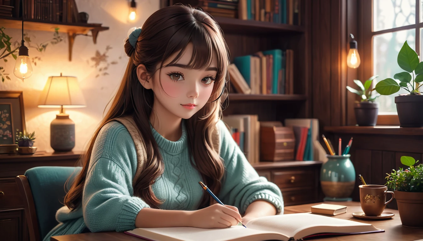 beautiful girl sitting and studying in the cozy room, ambience vibe, 4k