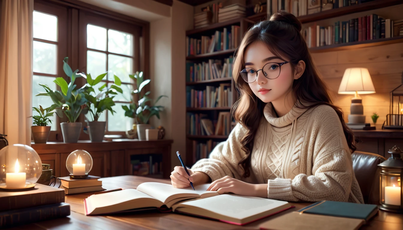 beautiful girl sitting and studying in the cozy room, ambience vibe, 4k