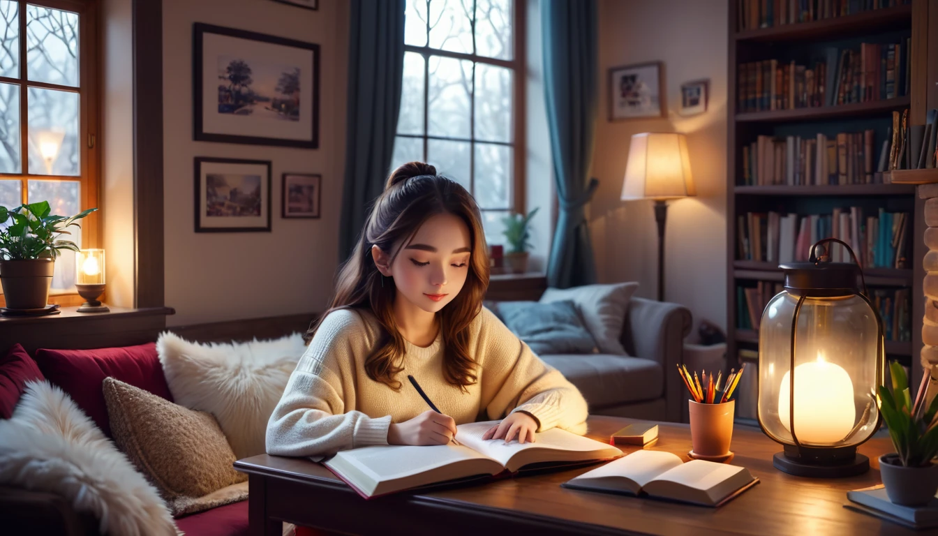 beautiful girl sitting and studying in the cozy room, ambience vibe, 4k