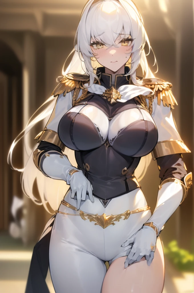 {masterpiece, distinct_image, extremely detailed CG, (extremely detailed fine touch:1.2),beautiful eyes and detailed face, (white_light, light rays, dappled light, ray tracing:1.2), photo realistic, 4k, 8k, high_resolution, (perfect_finger:1.5), (beautiful_detailed_eyes:1.3), glitter, white_light, (glow_white_face, front_light:1.3),{1girl, face_focus, looking for_in_viewer, cowboy_shot, standing},{adult,curvy, (huge_breasts, wide_hip:1.3),thigh_gap, groin, narrow waist, skinny stomach,(knight uniform for women, white gloves, golden epaulettes, Image of knight's uniform: White chest section contrasting with black abdomen section:1.7),(white hair, long hair, yellow eyes, bangs:1.3)}