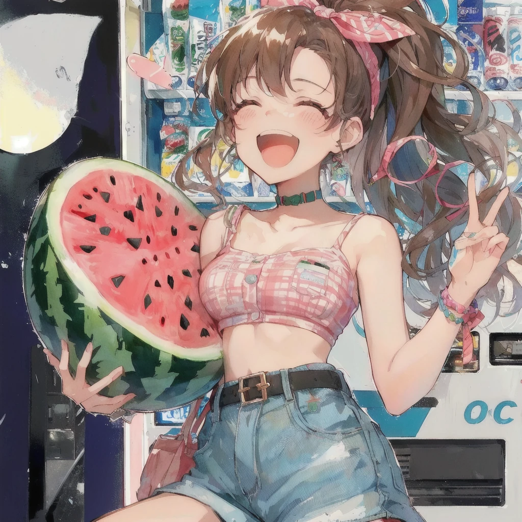 anime girl with a watermelon in front of a vending machine, A big smile,the material is!!! watermelon!!!, Soda themed girl, Trending on cgstation, Cute art style, Digital anime illustration, Lo-fi Girl, 80s anime style,High quality anime art style, artwork in the style of Gwaiz, Gwaiz, Cute realistic portrait, watermelon, Trending on cgstation