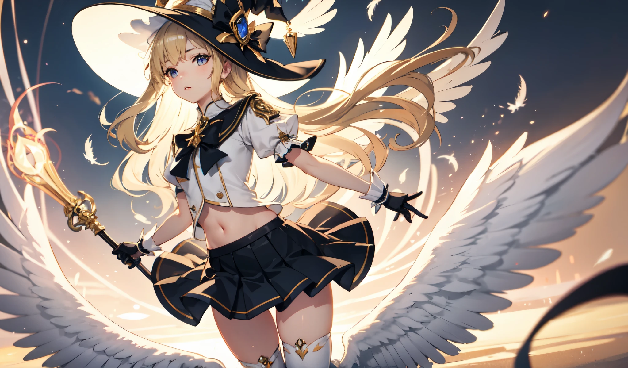 Afterimage, Bokeh, Blurred foreground, Wide Shot, 超High resolution, retina, masterpiece, Attention to detail, Highest quality, High resolution, 4K,god々In a cool atmosphere、A blonde angel descends from the sky、White feathers flutter.Magical girl、Witch Hat、Magic wand、Detailed face、Black knee-high socks and knee skirt、Thighs、Navel peeping、whole body