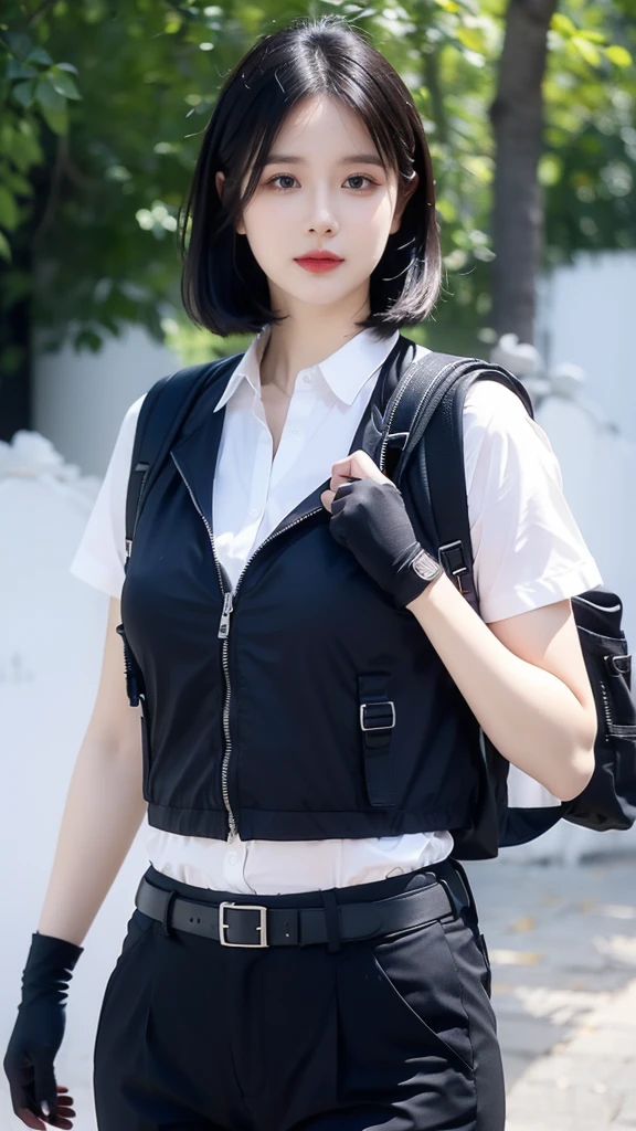((tmasterpiece、ultra fine photos、top-quality、超A high resolution、Photorealsitic、foco nítido、(chest circumference、Focus from the chest upwards、beautiful female soldier、30-year-old female)))、delicated face、((White skin of the、黑The eye、Black Hair Shorthair))、Special forces uniforms、Black tactical vest、Military trousers、Black combat gloves、rucksack、Black military undershirt、Detailed facial and chest depictions、detailed hand depiction、Combat pose、Dynamic action、in woods、White smoke、watching at viewers