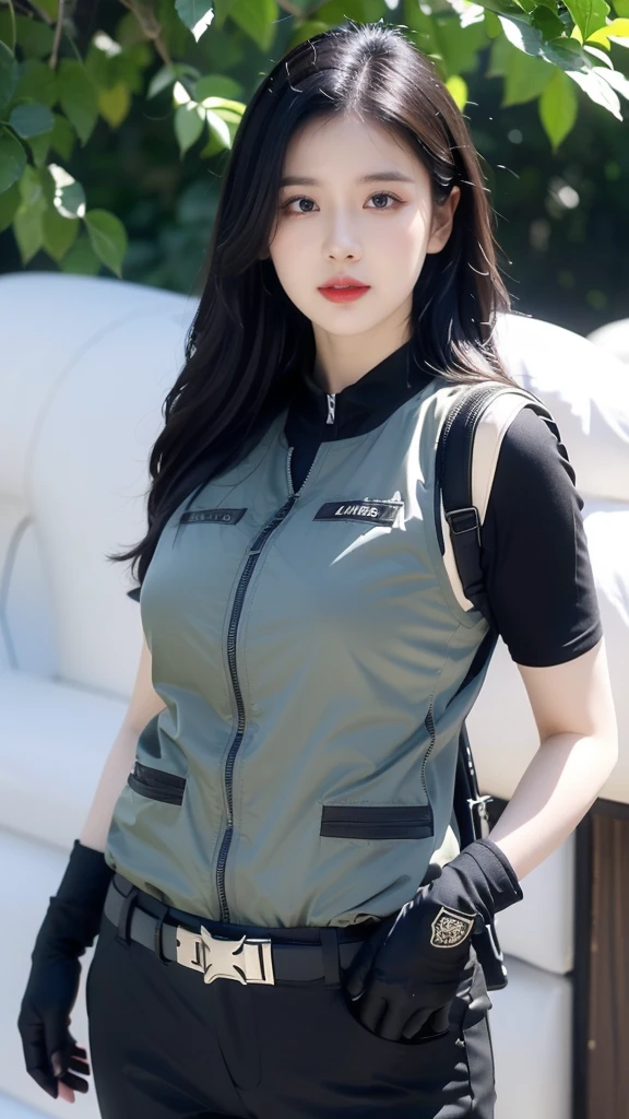 8K, Masterpiece, Raw Photo, Highest Quality, Photorealistic, High Definition CG Unity 8K Wallpaper, Depth of Field, Cinematic Light, Lens Flare, Ray Tracing, (Extremely Beautiful Face, Beautiful Lips), Beautiful Eyes) (Extremely beautiful face, beautiful lips) Long brown hair, military long sleeve camouflage uniform, camouflage long pants, combat gloves, camouflage tactical vest,