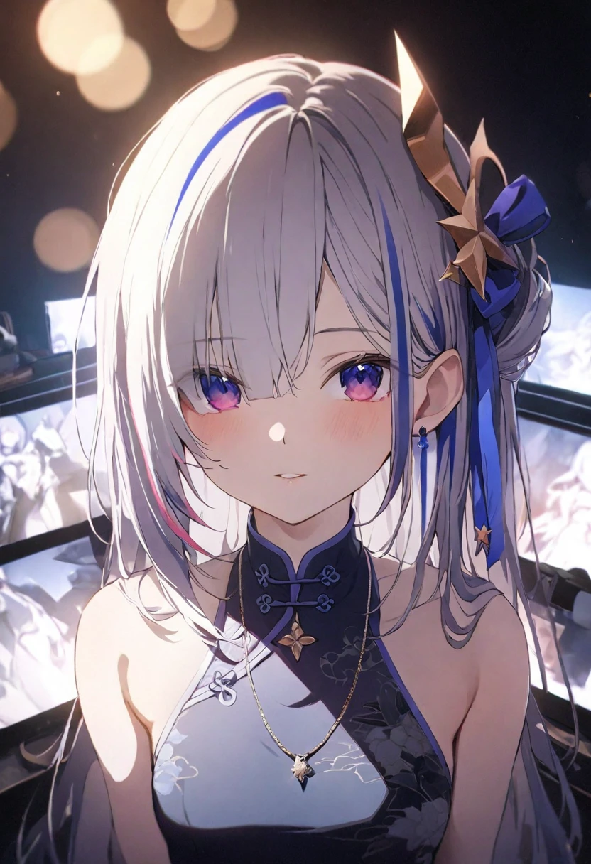 best quality, masterpiece, high resolution, 1 Girl, hololive, amane kanata, streaked hair, cheongsam, Hair accessories, necklace, Jewelry, Pretty Face, Above_Body, Tyndall effect, Reality, Dark Studio, Edge lighting, Two-tone lighting, (High Detail Skin:1.2), 8K uhd, Soft lighting, high quality, Volumetric Lighting, frank, photo, high resolution, 4K, 8K, Bokeh, small breasts,