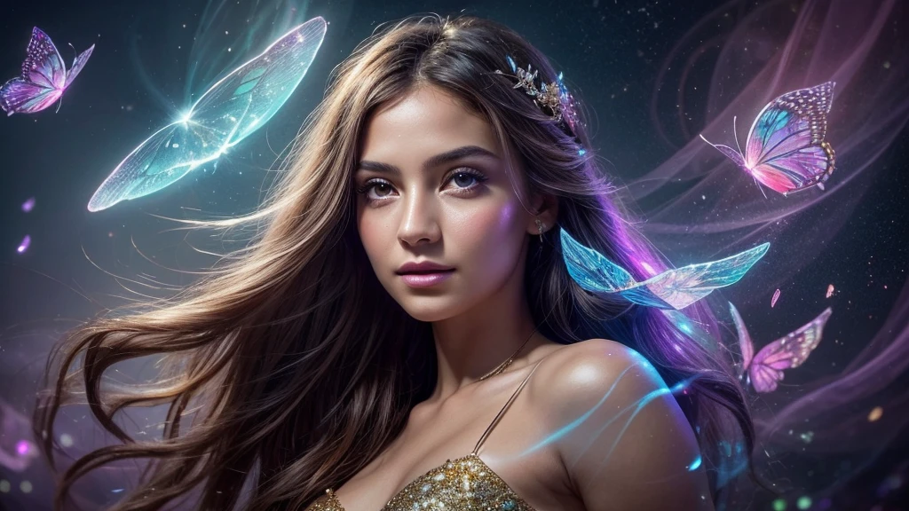 Create a stunning and ethereal portrait of a young woman surrounded by magical elements:
Subject:
- Beautiful young woman with delicate features
- Soft, flowing hair that seems to blend with the magical atmosphere
- Serene and slightly mysterious expression
- Eyes that reflect wonder and enchantment
Magical Elements:
- Shimmering, iridescent sparkles floating around her
- Swirling trails of magical stardust
- Glowing particles of varying sizes creating a dreamy atmosphere
- Subtle, translucent magical aura surrounding the woman
Lighting and Colors:
- Soft, ethereal lighting that seems to emanate from within the scene
- A harmonious blend of cool and warm tones
- Main color palette: purples, blues, and pinks with touches of gold
- Gentle highlights accentuating the woman's features and the magical elements
Composition and Style:
- Close-up portrait, focusing on the woman's face and upper body
- Magical elements should frame the subject without overpowering her
- Slightly blurred background to create depth and focus on the foreground
- Painterly style with soft edges and smooth transitions between elements
Mood and Atmosphere:
- Dreamy and enchanting
- Sense of wonder and magic
- Peaceful yet captivating
Technical Aspects:
- High contrast between the glowing elements and darker areas
- Rich, saturated colors for a vibrant and eye-catching image
- Sharp focus on key features like eyes and sparkles
Additional Details:
- Faint, translucent butterflies or fireflies adding to the magical ambiance
- Subtle hints of constellations or star patterns in the background
- Delicate, barely visible floral elements integrated with the magical dust
This prompt should result in a captivating, high-quality image that blends realism with fantasy, creating a magical portrait that draws the viewer into a world of wonder and enchantment.