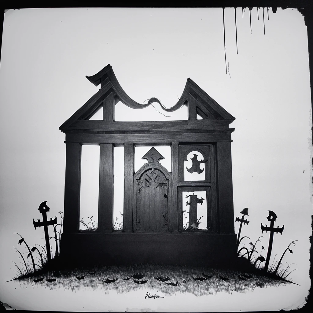 dark scary horror 1980s black and white outline sketch illustration background with ghost，tombstone，wlitch，wood