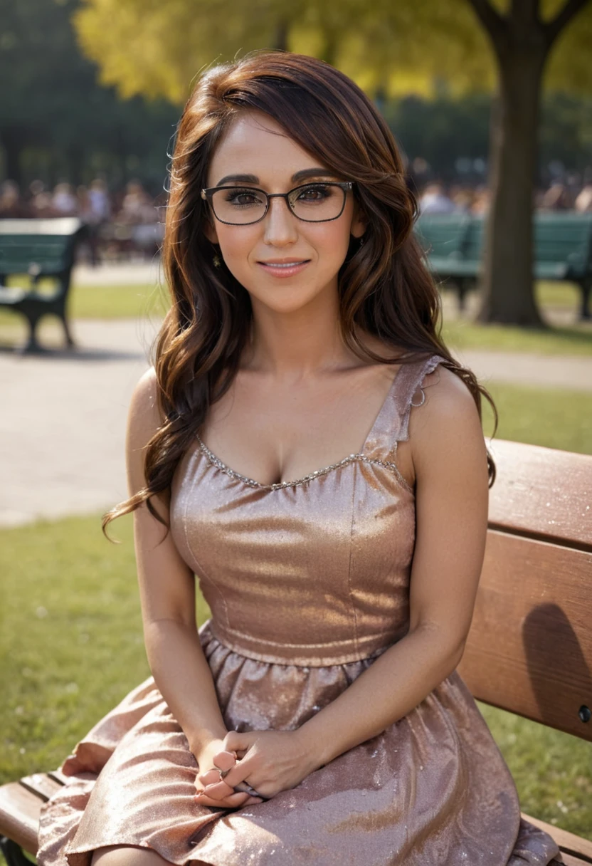 Lauren Boebert, full body shot, 35 year old woman, glasses, brown eyes, beautiful hair, wrinkles under eyes, idol dress, sitting on a park bench, bokeh,f1.4,40mm,photorealistic,raw,8k,skin pores,dried-up,textured skin,intricate details,dramatic light,award winning,style by Dan Winters,RAW photography,film grain,(indistinguishable from reality:1.4),photo taken with a Bolex H16,captivating eyes,smiling,charming,striking features,character,thorough,