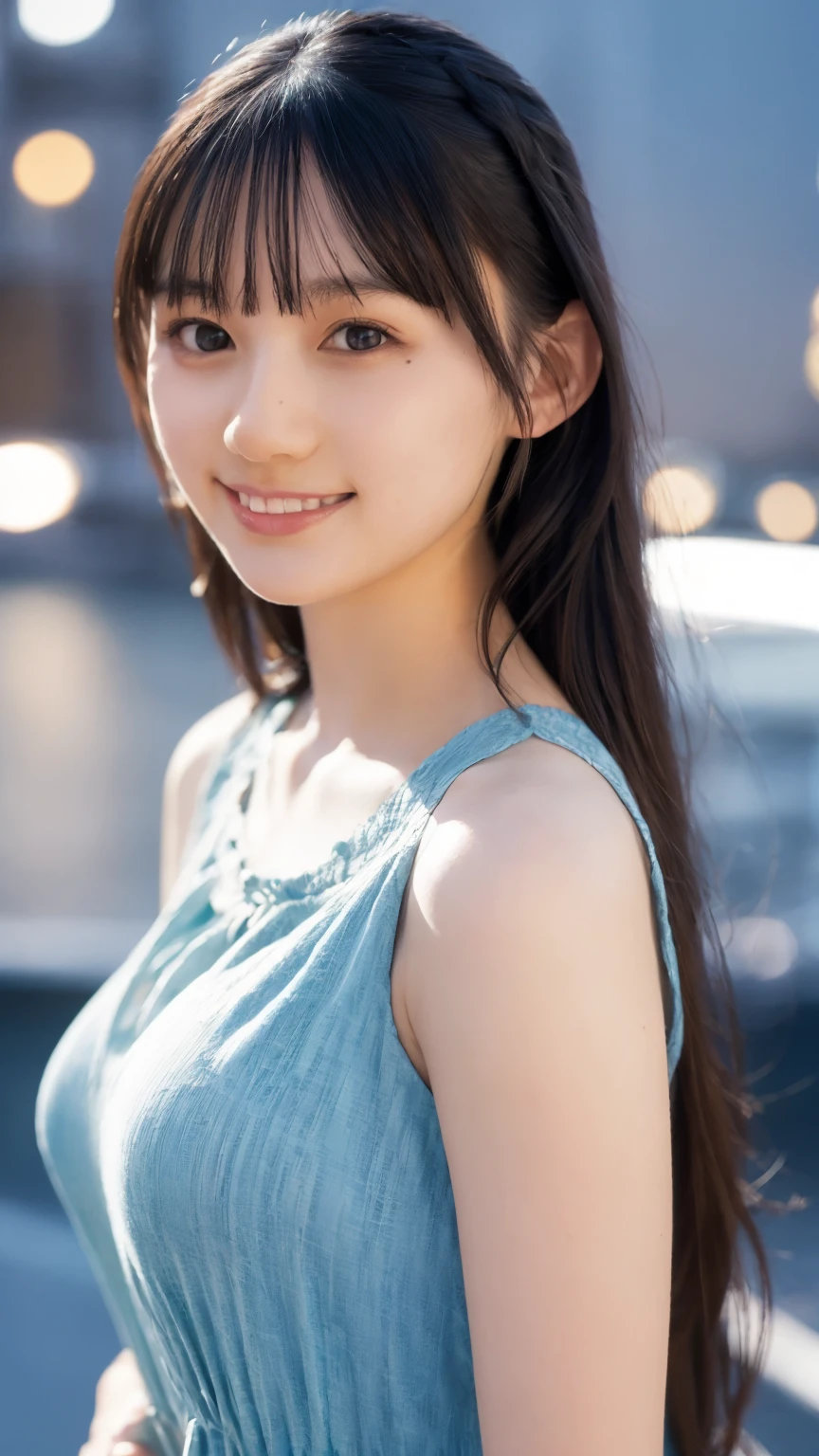 1girl,(wearing a blue evening dress:1.2),(RAW photo, best quality), (realistic, photo-realistic:1.4), masterpiece, an extremely delicate and beautiful, extremely detailed, 2k wallpaper, Amazing, finely detail, extremely detailed CG unity 8k wallpaper, ultra-detailed, highres, soft light, beautiful detailed girl, extremely detailed eyes and face, beautiful detailed nose, beautiful detailed eyes,cinematic lighting,city lights at night,perfect anatomy,slender body,light smile,close up,(long hair with bangs), big breast size.