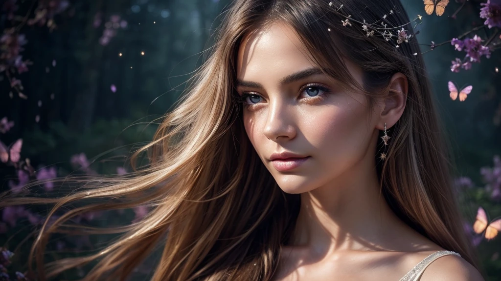 Create a stunning and ethereal portrait of a young woman surrounded by magical elements:
Subject:
- Beautiful young woman with delicate features
- Soft, flowing hair that seems to blend with the magical atmosphere
- Serene and slightly mysterious expression
- Eyes that reflect wonder and enchantment
Magical Elements:
- Shimmering, iridescent sparkles floating around her
- Swirling trails of magical stardust
- Glowing particles of varying sizes creating a dreamy atmosphere
- Subtle, translucent magical aura surrounding the woman
Lighting and Colors:
- Soft, ethereal lighting that seems to emanate from within the scene
- A harmonious blend of cool and warm tones
- Main color palette: purples, blues, and pinks with touches of gold
- Gentle highlights accentuating the woman's features and the magical elements
Composition and Style:
- Close-up portrait, focusing on the woman's face and upper body
- Magical elements should frame the subject without overpowering her
- Slightly blurred background to create depth and focus on the foreground
- Painterly style with soft edges and smooth transitions between elements
Mood and Atmosphere:
- Dreamy and enchanting
- Sense of wonder and magic
- Peaceful yet captivating
Technical Aspects:
- High contrast between the glowing elements and darker areas
- Rich, saturated colors for a vibrant and eye-catching image
- Sharp focus on key features like eyes and sparkles
Additional Details:
- Faint, translucent butterflies or fireflies adding to the magical ambiance
- Subtle hints of constellations or star patterns in the background
- Delicate, barely visible floral elements integrated with the magical dust
This prompt should result in a captivating, high-quality image that blends realism with fantasy, creating a magical portrait that draws the viewer into a world of wonder and enchantment.