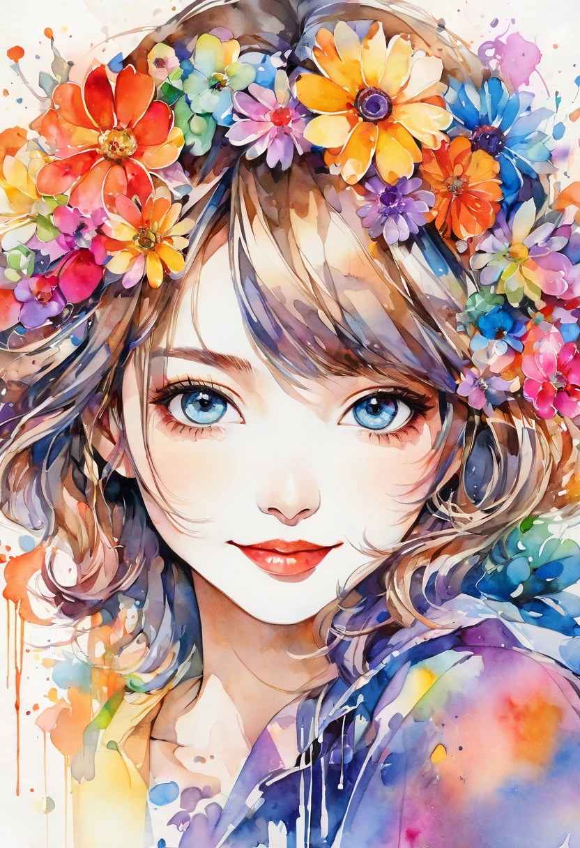 beautiful woman portrait, cute smile, Sylvia Pelissero watercolors, colorful flowers, beautiful eyes, upper body, abstract art, intense watercolor, watercolor detailed art, watercolor splash, surreal, avant-garde pop art, Beautiful and expressive paintings, Beautiful artwork illustration, very colorful tones, wonderful, cool beauty, highest quality, official art, women only, sharp outline, best shot, vector art, lips in love、 (((The strongest beautiful women of all time))), (((Japanese)))、clear, (((highest quality))), lips in love, HDR, ((Detailed details)), stylish fashion, detailed clothing texture, (((graffiti art))), colorful hair, ((masterpiece))、((Super detailed))