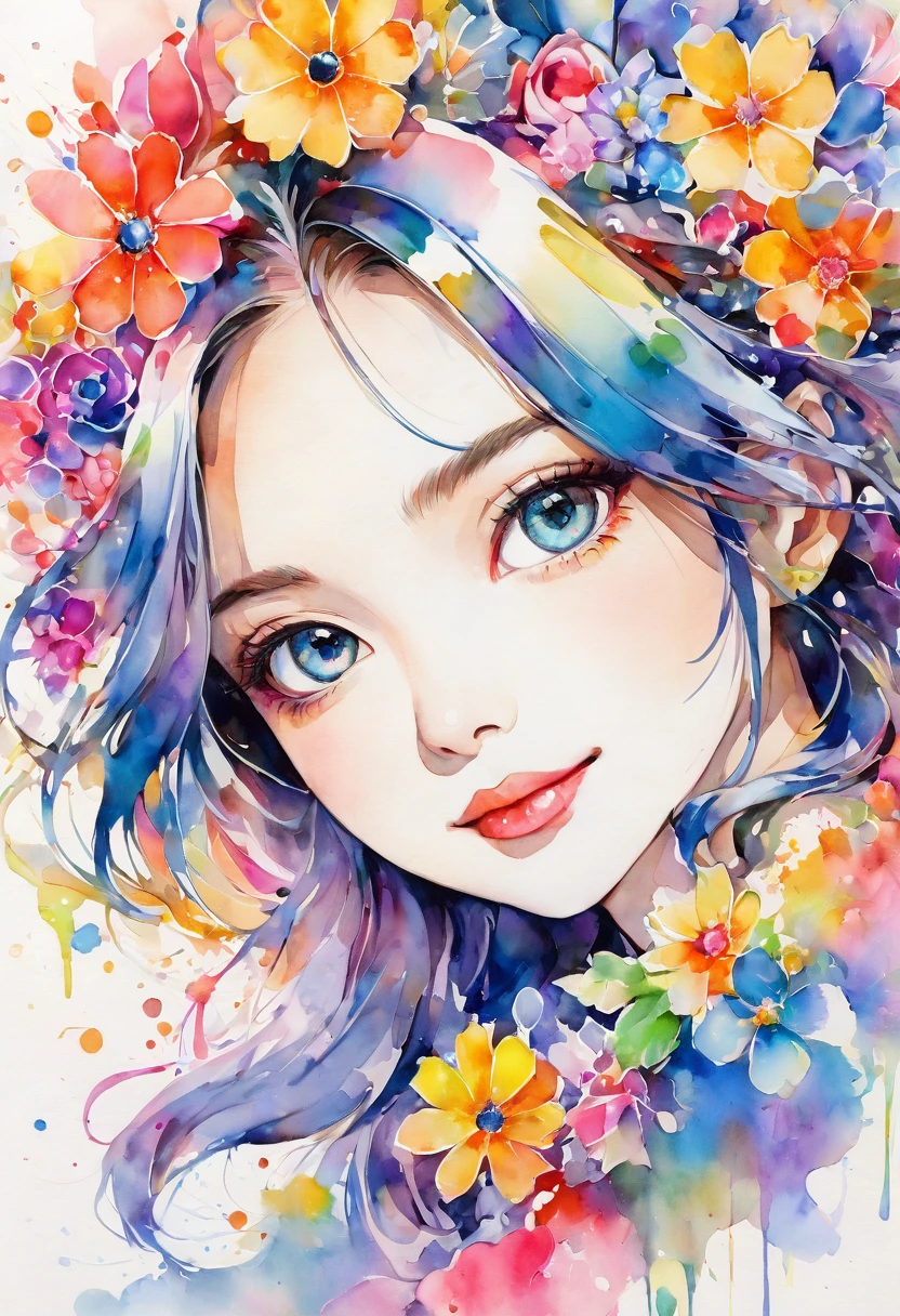 beautiful woman portrait, cute smile, Sylvia Pelissero watercolors, colorful flowers, beautiful eyes,  upper body, abstract art, intense watercolor, watercolor detailed art, watercolor splash, surreal, avant-garde pop art, Beautiful and expressive paintings, Beautiful artwork illustration, very colorful tones, wonderful, cool beauty, highest quality, official art, women only, sharp outline, best shot, vector art, lips in love、 (((The strongest beautiful women of all time))), (((Japanese)))、clear, (((highest quality))), lips in love, HDR, ((Detailed details)), stylish fashion, detailed clothing texture, (((graffiti art))), colorful hair, ((masterpiece))、((Super detailed))