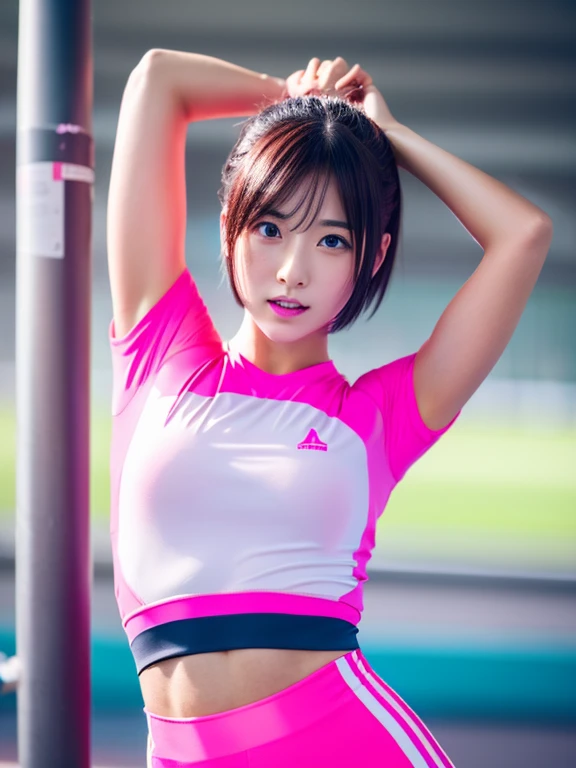 Best quality 8k resolution Ultra detailed Bright neon pink competition sportswear Serious facial expression Cute girl Abs Arms up Very short hair High waisted tights Flat chest Japanese Sharp focus Track and field club Very short hair 27 years old Sweating