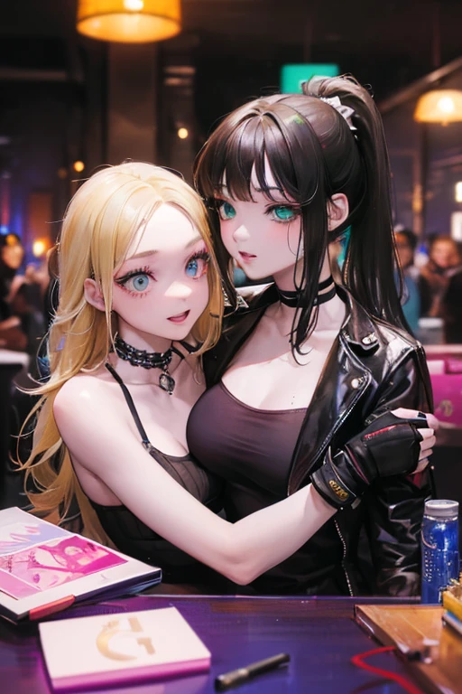 (photorealistic, perfect eyes, hyper-realistic, 8k, highest detail) portrait of 2 beautiful curvy girls, 18 years old, kneeling, looking up at viewer, open mouth, eyes rolled back, tongue out, goth, punk, piercings, tattoos, green hair, pink hair, white, hair, heavy eye makeup, cleavage, leather jacket, tank top, spikes, liz katz, sophie mudd
