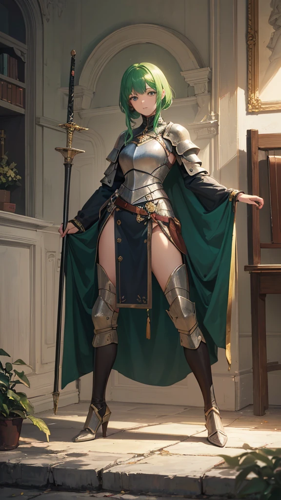 (masterpiece, 4K ,Super detailed:1.2), (anime:1), (Perfect quality), The whole body is shown, View Viewer, Holding a longsword, Adult women, Knight Commander, Full Body Art, Green Hair, White skin, Knight&#39;s full plate decorated armor, Silver Cape, Perfect detail