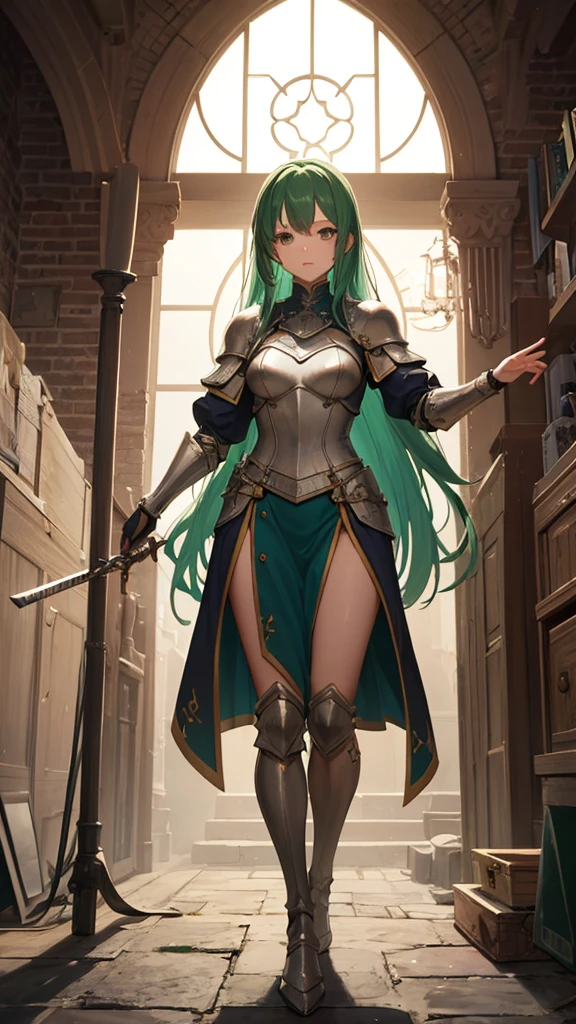(masterpiece, 4K ,Super detailed:1.2), (anime:1), (Perfect quality), The whole body is shown, View Viewer, Holding a longsword, Adult women, Knight Commander, Full Body Art, Green Hair, White skin, Knight&#39;s full plate decorated armor, Silver Cape, Perfect detail