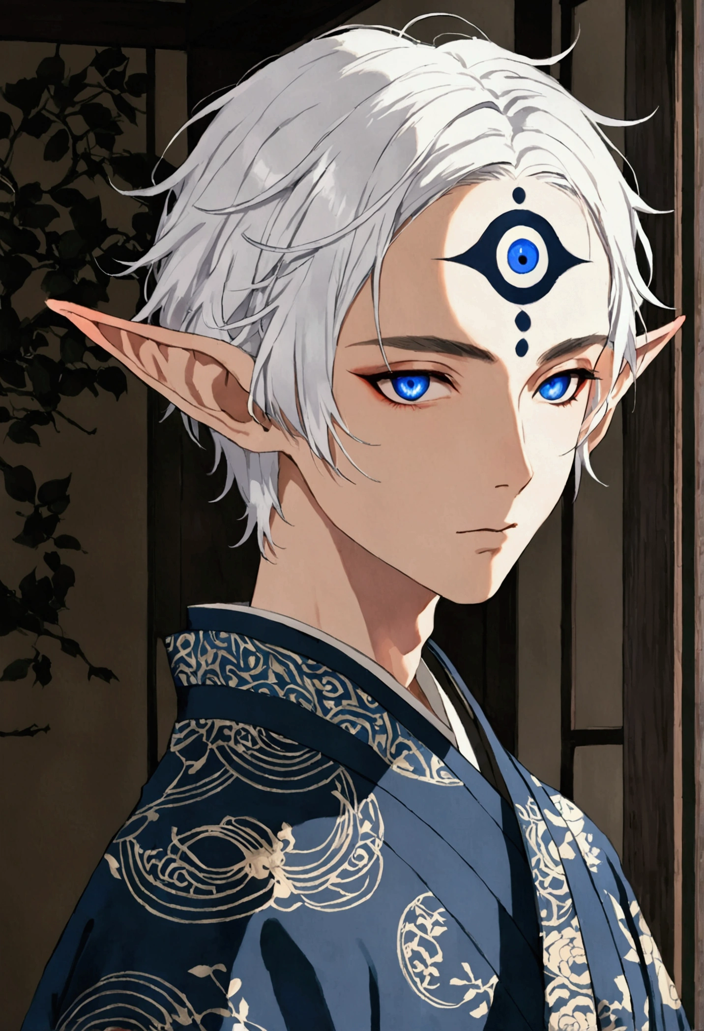 Japanese Anime,Gothic Art,(((1 Boy,独奏,third eye on the forehead,Dark eyeshadow.Middle-parted white hair-super short hair,Elf ears))),(((Gorgeous Japanese kimono:1.6,Eye Diagram,Dark Pattern))).(((blue))),Soft and elegant colors