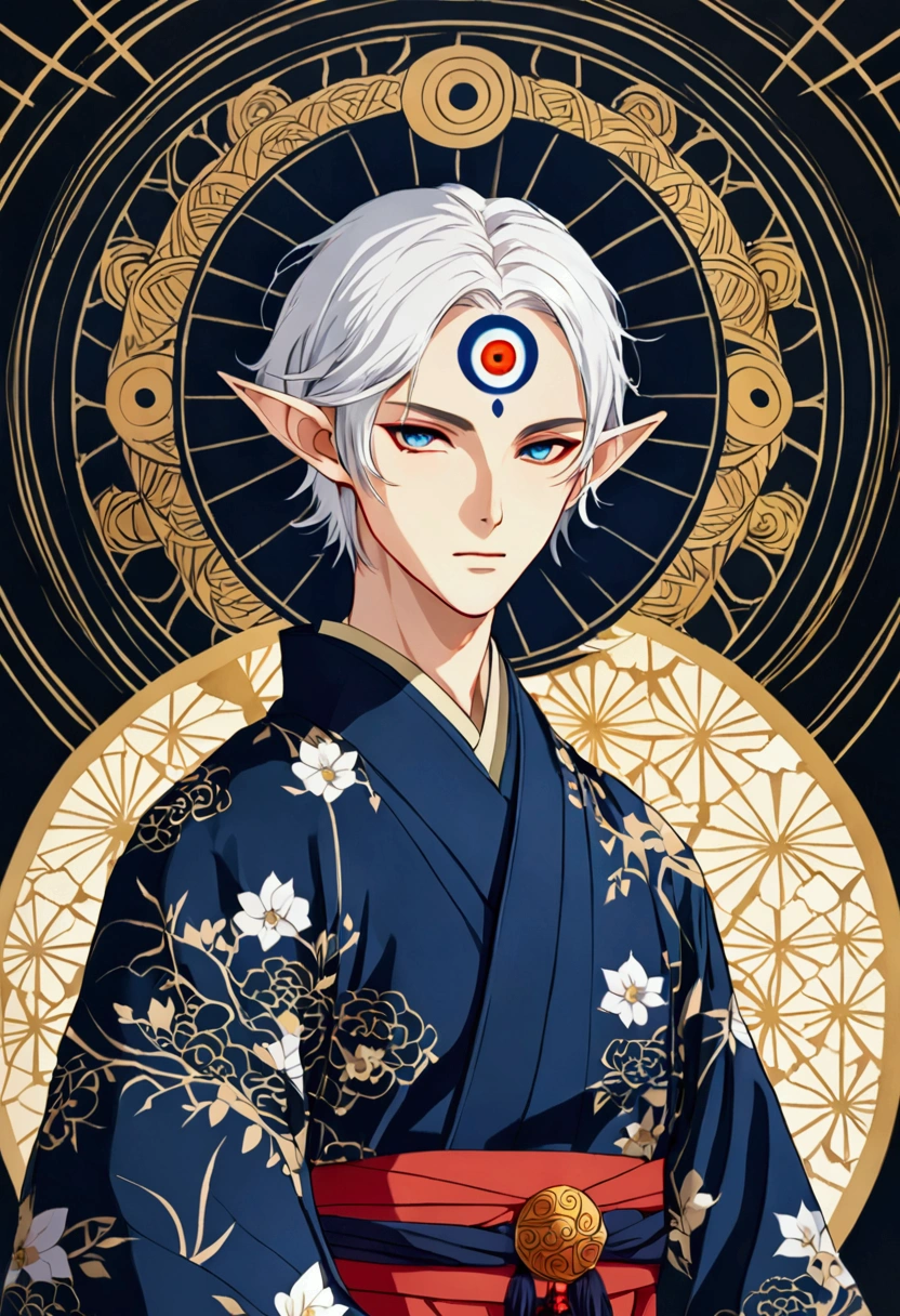 Japanese Anime,Gothic Art,(((1 Boy,独奏,third eye on the forehead,Dark eyeshadow.Middle-parted white hair-super short hair,Elf ears))),(((Gorgeous Japanese red kimono:1.6,Eye Diagram,Dark Pattern))).(((Thin waist,Greenbelt:1.37)))