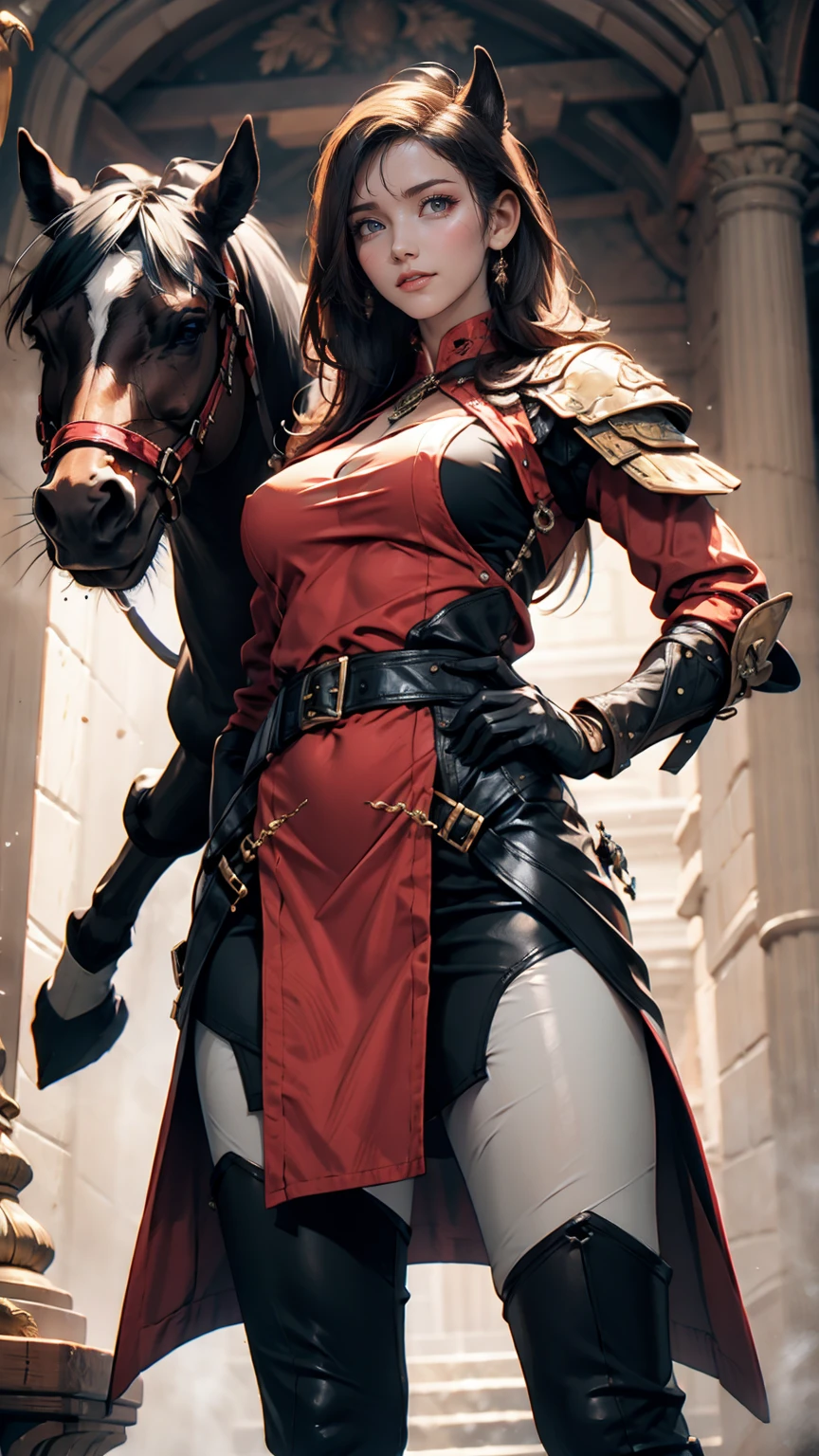 Portrait of a female warrior standing in front of a horse, Assassin's Creed Games, Photorealistic, Post-apocalyptic、24-year-old female、Sexy proportions、Sexy breastature female body、Long eyelashes、Narrow waist、Thin limbs