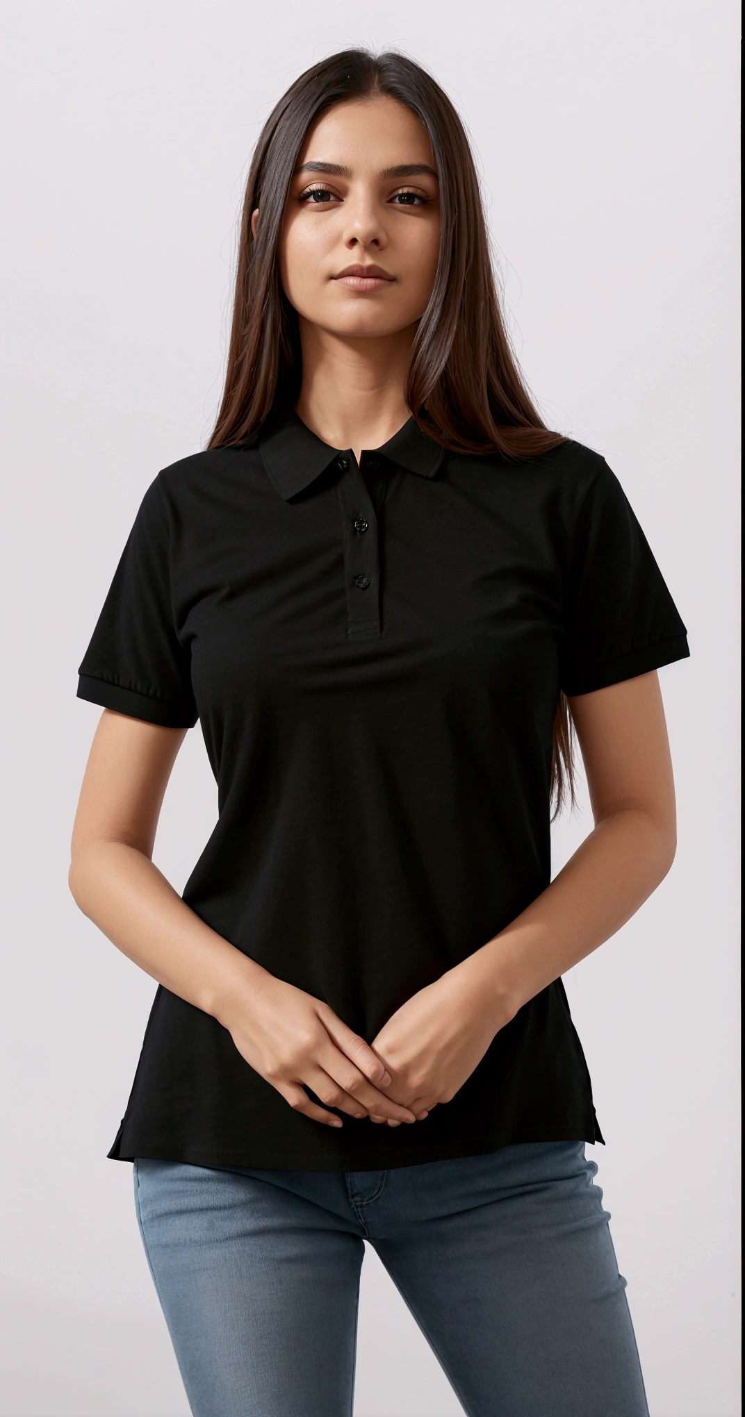 a woman in a black shirt polo and jeans poses for a picture, short sleeves, wearing polo shirt, collared shirt, front portrait, black, “organic, wearing a black shirt, or black, plain, black shirt, 3/4 front view, front-view, wearing a dark blue polo shirt, basic, black t shirt, collar on neck, no logo!!!