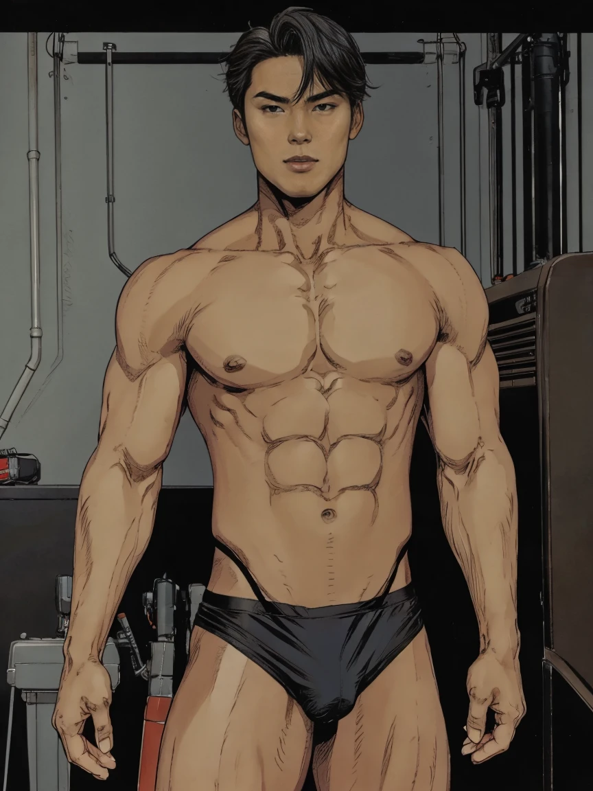 One muscular asian boy, dark ash brown cool tone, Black Bike micro thong, ash grey hair, he showing off his body, comic artstyle 2D