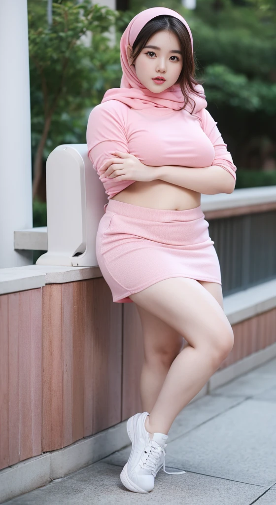 Korean beautiful girl wearing Hijab, ((best quality)), ((masterpiece)), (detailed), perfect face, youngchubby, wearing pink Bra and miniskirt, chubby cheeks, chubby arm, chubby thighs, small breasts, wearing a sneakers, medium hair style, full body photoshoot, tattooed body