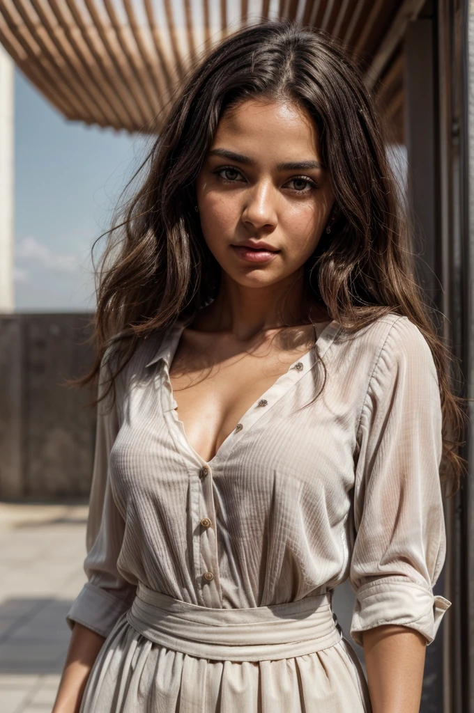 [[((young attractive Dominican woman with medium-dark skin, long waist-length curly dark hair with subtle blond highlights, sun-kissed glow, and striking hazel eyes:1.5)), ((Sofia Ortiz:1.4)), standing against a plain white background in a close-up, shoulders-and-above shot. She is wearing ((a professional, plain-colored blouse or top appropriate for a passport or ID photo:1.4)). Her hair is styled neatly, framing her face. She has a neutral expression suitable for a passport or ID photo. She is not wearing any makeup to maintain a natural and authentic look. The focus is on capturing extreme human-like details, including skin texture, hair strands, and eye clarity. The scene is captured with a ((full-frame DSLR:1.4)) using a ((85mm prime lens:1.4)) to keep Sofia in sharp focus. Professional studio lighting enhances her natural features and adds depth to the image. Post-production ensures a clean, polished look with enhanced natural colors. The image should be in ((8K resolution:1.5)) with ((hyper-realistic detail:1.6)). The focus is entirely on Sofia’s facial features, appropriate attire, and natural appearance, capturing her essence perfectly in a passport/ID photo setting.]]
