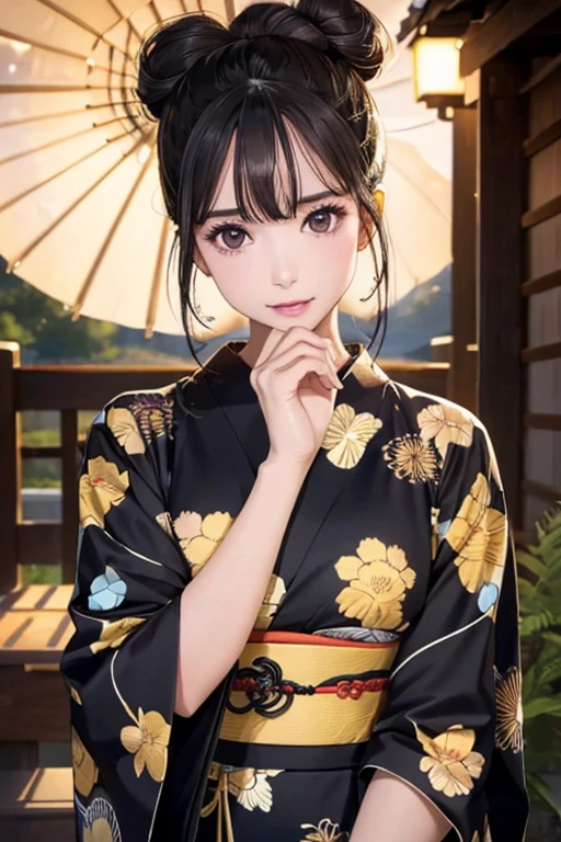 (Official Art、Highest quality、Unity 8k wallpaper、masterpiece、Ultra-high resolution)、Slender、Ample breasts、Black hair in a Japanese round topknot、Highly detailed background、Beautiful girl in yukata、(Highly detailed face and eyes、Beautiful Face、Beautiful Eyes、Beautiful nose、Pretty lips)、A friendly gaze、Japanese garden、Cowboy Shot、moonlight、Autumn scenery、