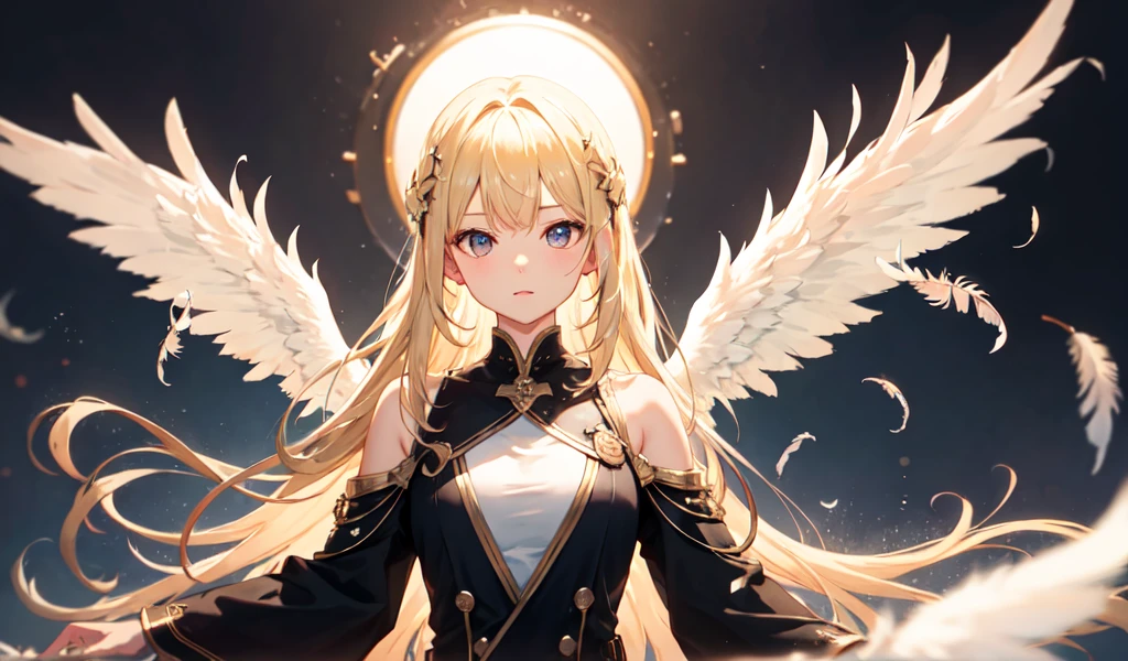 Afterimage, Bokeh, Blurred foreground, Wide Shot, 超High resolution, retina, masterpiece, Attention to detail, Highest quality, High resolution, 4K,god々In a cool atmosphere、A blonde angel descends from the sky、White feathers flutter,whole body