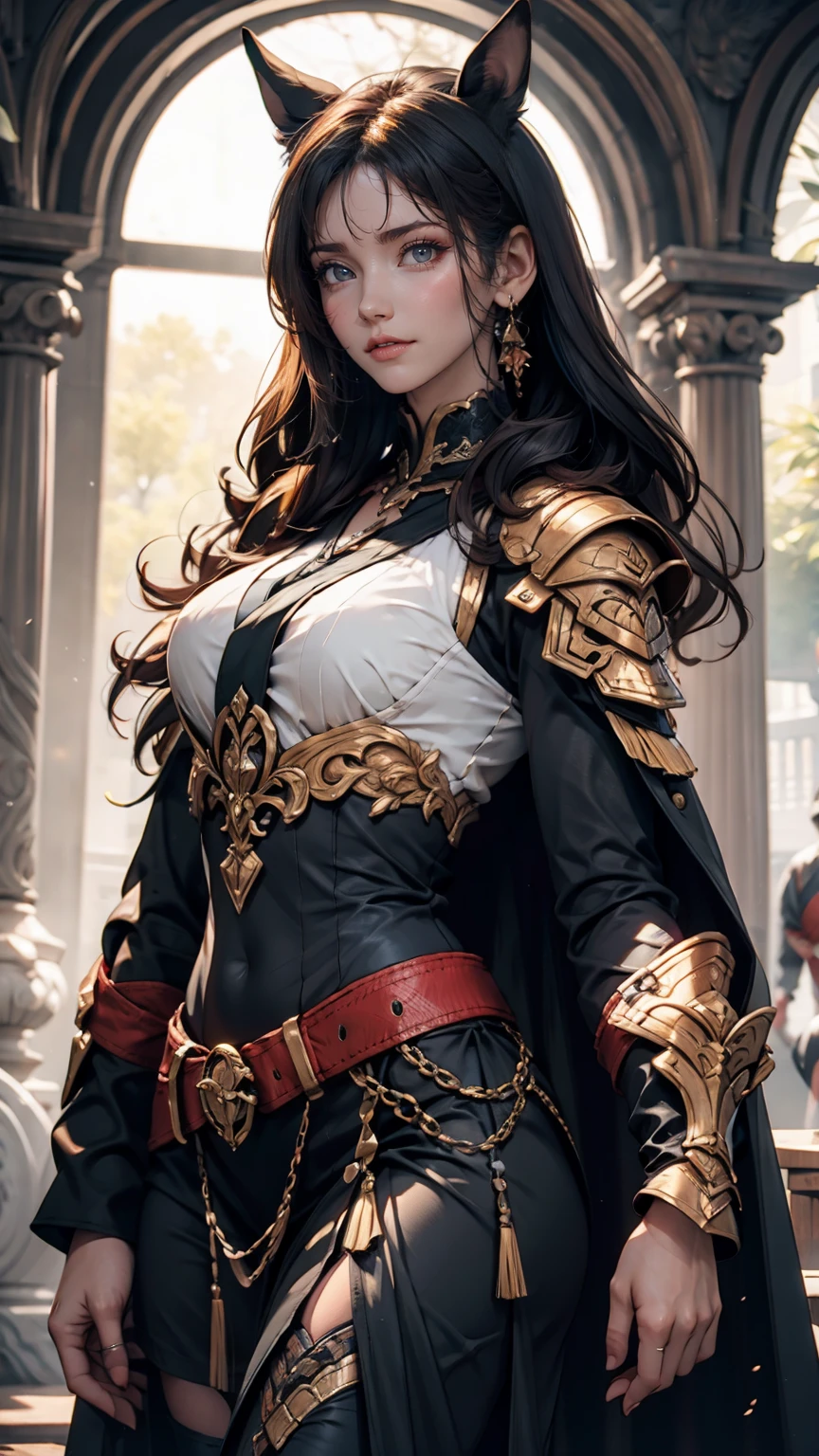 Portrait of a female warrior standing in front of a horse, Assassin's Creed Games, Photorealistic, Post-apocalyptic、24-year-old female、Sexy proportions、Sexy breastature female body、Long eyelashes、Narrow waist、Thin limbs