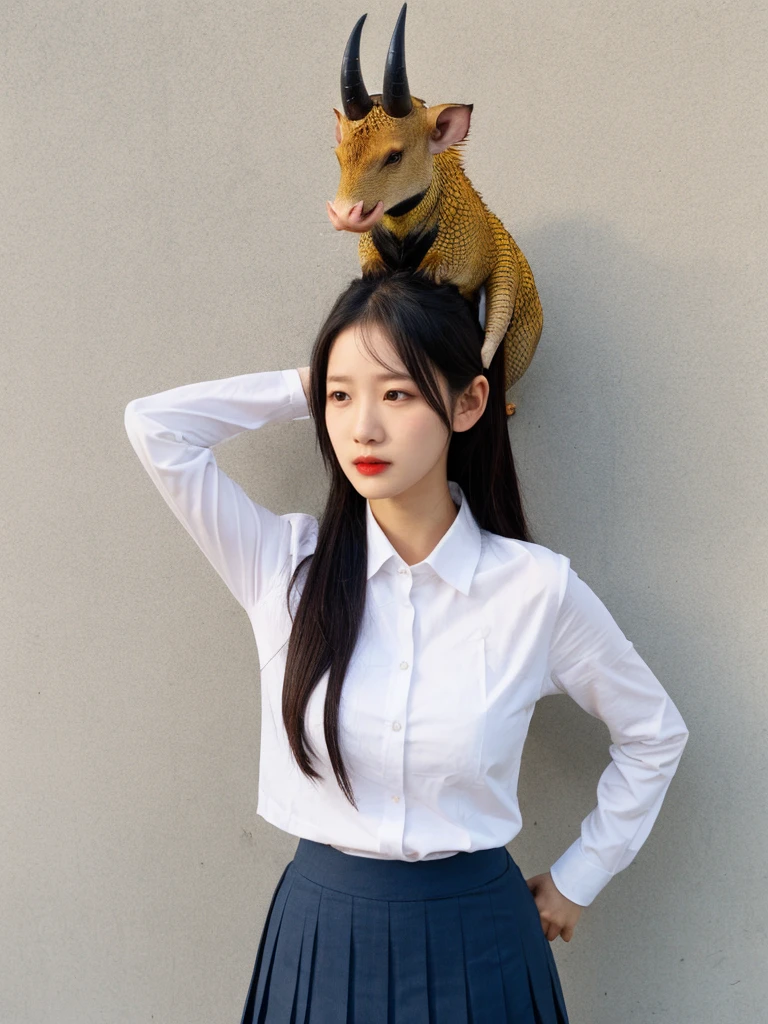1female creature,realistic,naga,horn on head,shirt,pleated skirt,school