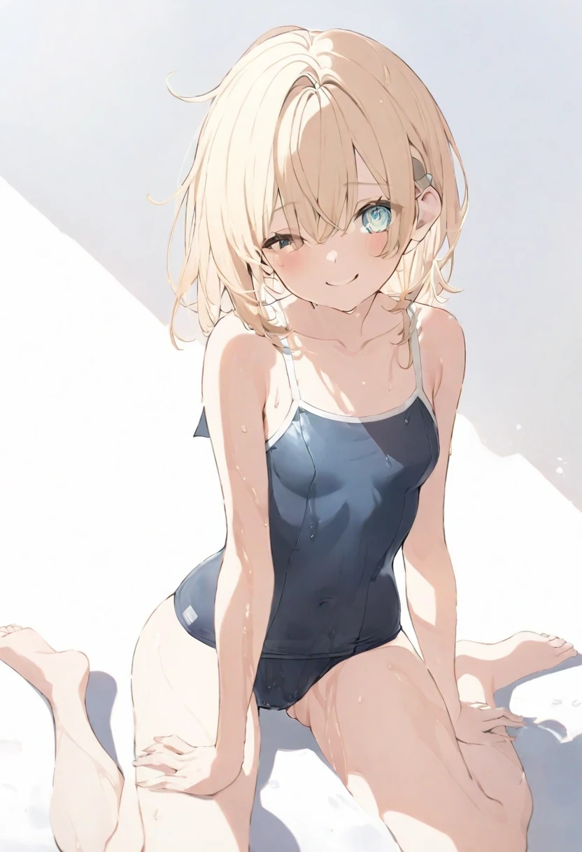 (muste piece), (best quality), (score_9, score_8_up, score_7_up), very detailed eyes, expressive eyes, perfect face, very detailed face, highly detailed face, beautiful girl, 8K, beautiful girl, white background, delicate and beautiful face and eyes, dark intense shadow, 
1 girl, vtuber style, cool girl, hololive, Kazama Iroha, blond hair, school swimsuit, Unbuttoned serafuku, small chest, cropped shoulders, clavicle, wet body, wet hair, one eye close winking, smile, body visible through clothes, chest visible through clothes, ass visible through thighs, (full body), barefoot, naked thighs, sitting, open legs wide, 
