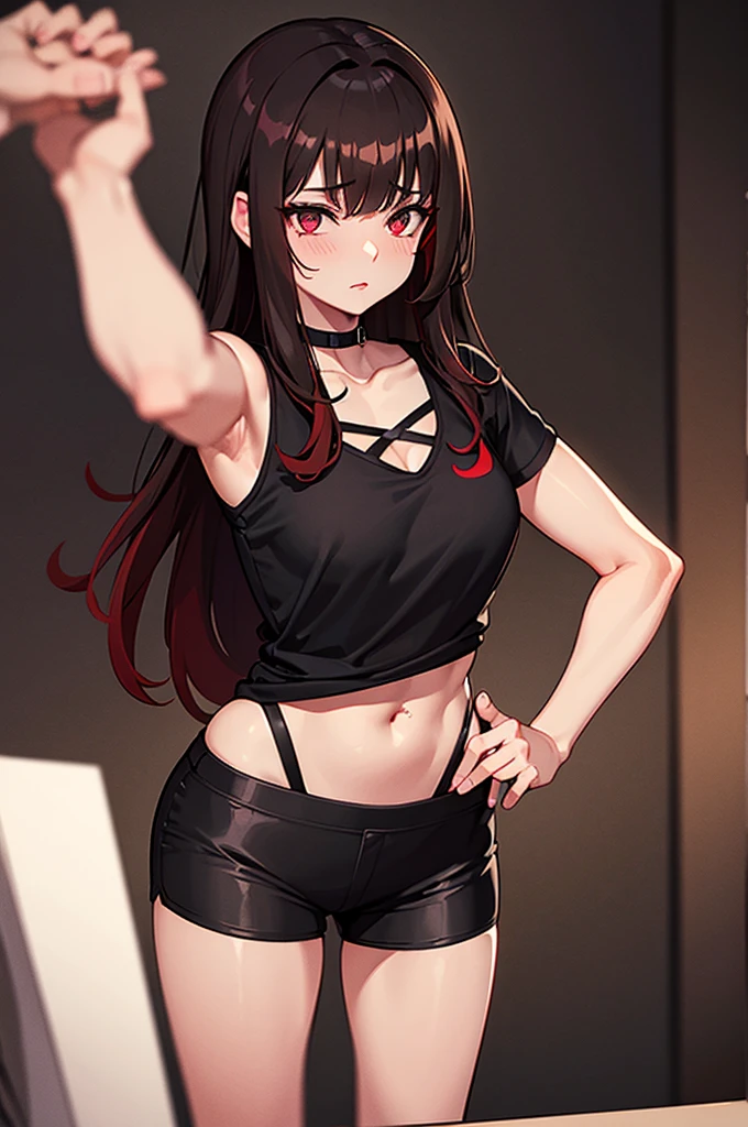 gothic muscular adult woman with little chest wearing shorts and a black shirt with brown wavy hair with a red streak