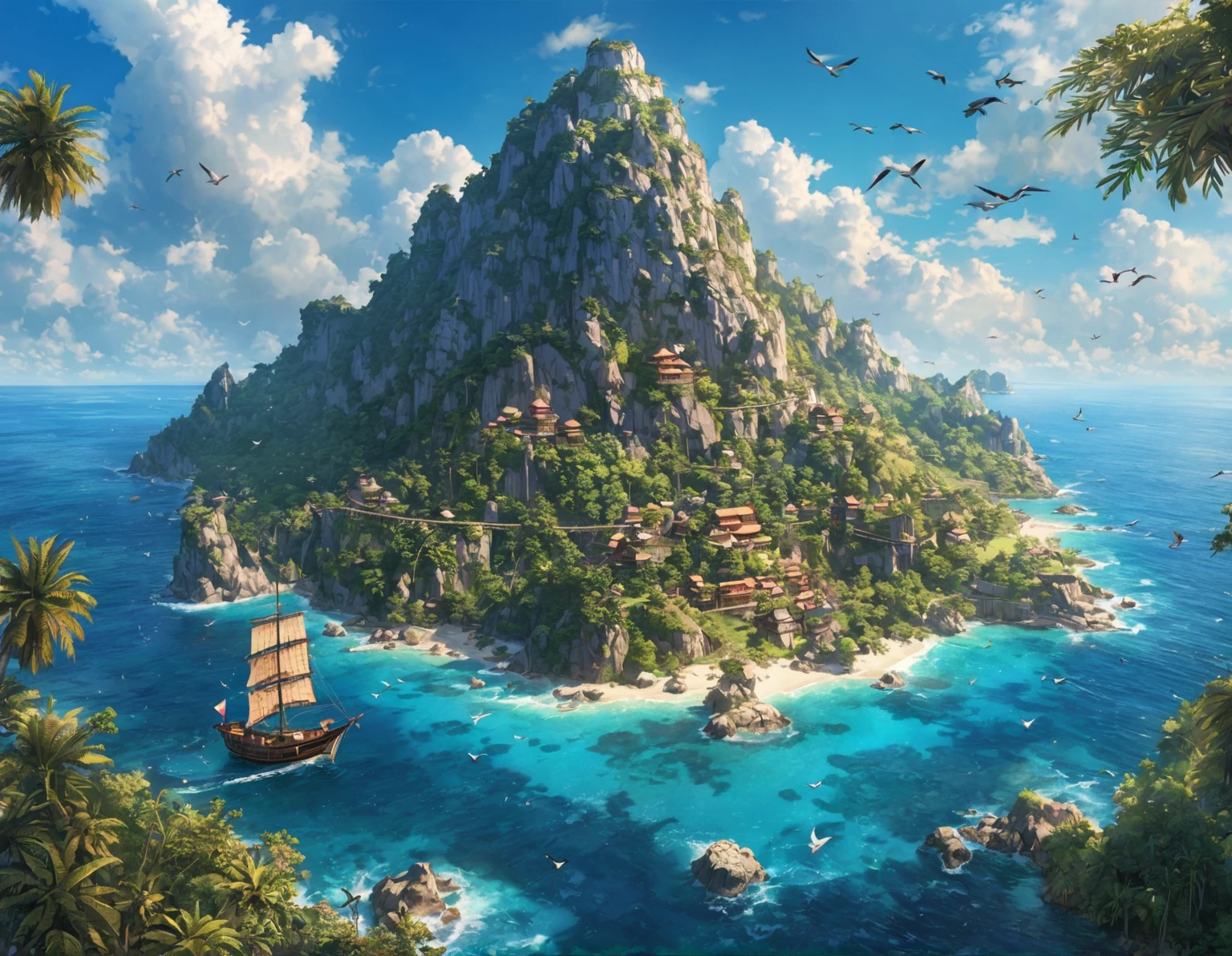 (Bird&#39;s eye view:1.5)，An ancient treasure map，Horizon leading to an exotic island。The island is covered with lush tropical vegetation、Mysterious ancient buildings and a towering mountain。This is an obvious destination for daring explorers。The sky is dotted with birds，There&#39;s a sense of adventure in the air，The boundless blue sea is inhabited by various marine creatures.。A wooden boat with an elegant sail awaits in the nearby bay.，Prepare to start a cross-sea journey。