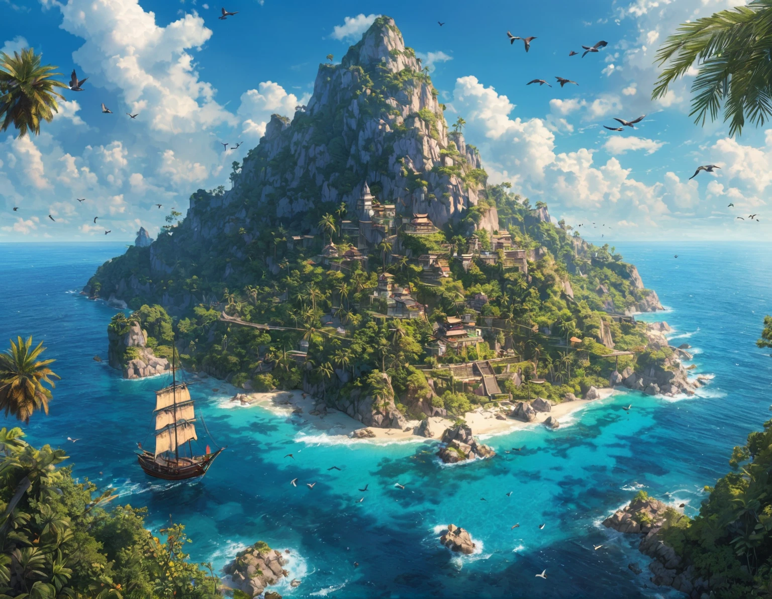 (Bird&#39;s eye view:1.5)，An ancient treasure map，Horizon leading to an exotic island。The island is covered with lush tropical vegetation、Mysterious ancient buildings and a towering mountain。This is an obvious destination for daring explorers。The sky is dotted with birds，There&#39;s a sense of adventure in the air，The boundless blue sea is inhabited by various marine creatures.。A wooden boat with an elegant sail awaits in the nearby bay.，Prepare to start a cross-sea journey。