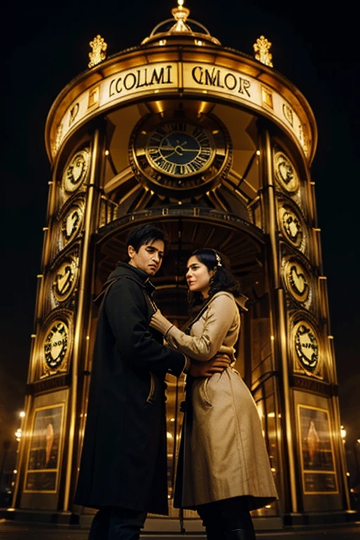 Gypsy couple protecting giant clock with golden Roman numerals with fog and mysterious air