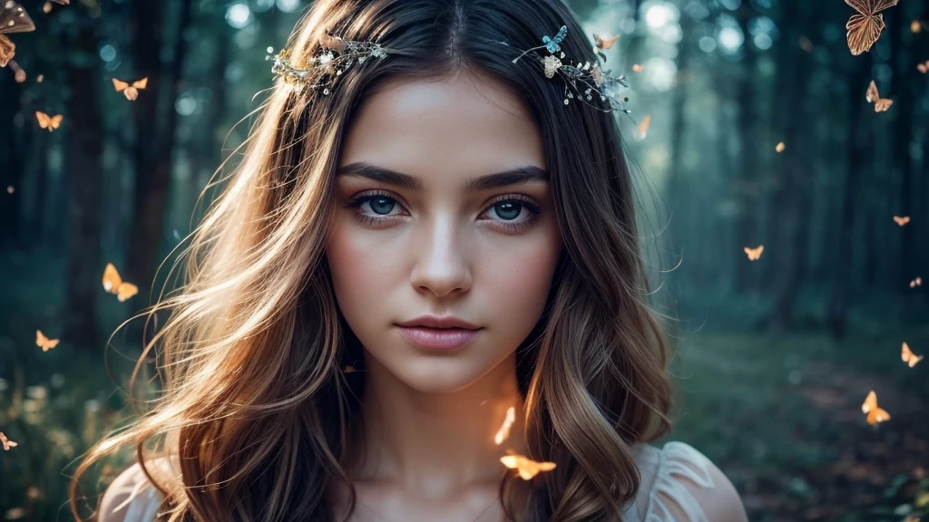 Create a stunning and ethereal portrait of a young woman surrounded by magical elements:
Subject:
- Beautiful young woman with delicate features
- Soft, flowing hair that seems to blend with the magical atmosphere
- Serene and slightly mysterious expression
- Eyes that reflect wonder and enchantment
Magical Elements:
- Shimmering, iridescent sparkles floating around her
- Swirling trails of magical stardust
- Glowing particles of varying sizes creating a dreamy atmosphere
- Subtle, translucent magical aura surrounding the woman
Lighting and Colors:
- Soft, ethereal lighting that seems to emanate from within the scene
- A harmonious blend of cool and warm tones
- Main color palette: purples, blues, and pinks with touches of gold
- Gentle highlights accentuating the woman's features and the magical elements
Composition and Style:
- Close-up portrait, focusing on the woman's face and upper body
- Magical elements should frame the subject without overpowering her
- Slightly blurred background to create depth and focus on the foreground
- Painterly style with soft edges and smooth transitions between elements
Mood and Atmosphere:
- Dreamy and enchanting
- Sense of wonder and magic
- Peaceful yet captivating
Technical Aspects:
- High contrast between the glowing elements and darker areas
- Rich, saturated colors for a vibrant and eye-catching image
- Sharp focus on key features like eyes and sparkles
Additional Details:
- Faint, translucent butterflies or fireflies adding to the magical ambiance
- Subtle hints of constellations or star patterns in the background
- Delicate, barely visible floral elements integrated with the magical dust
This prompt should result in a captivating, high-quality image that blends realism with fantasy, creating a magical portrait that draws the viewer into a world of wonder and enchantment.