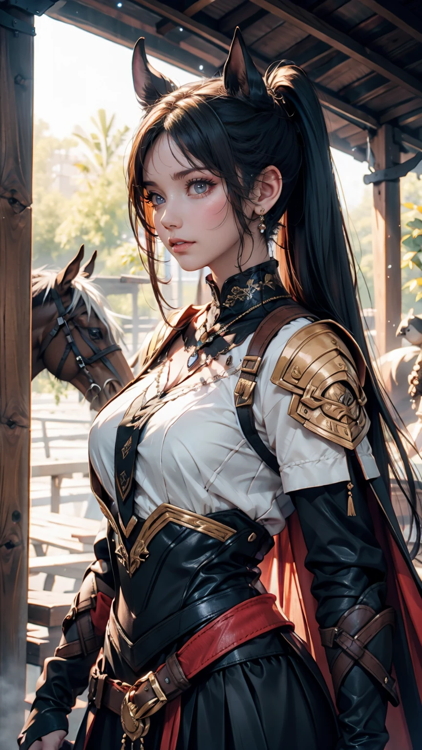 Portrait of a female warrior standing in front of a horse, Assassin&#39;s Creed Games, Photorealistic, Post-apocalyptic、24-year-old female、Sexy proportions、Sexy breastature female body、Long eyelashes、Narrow waist、Thin limbs
